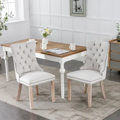 Immagine prodotto di Sedia da pranzo, sedia da pranzo di alta qualità in legno massello in stile moderno con rivestimento in lino, gambe in legno e chiodi decorativi, set di 2 pezzi
