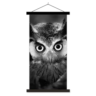 Produktbild von MuchoWow® Textilposter Vogel - Eule - Porträt - Schwarz - Weiß 40x80 cm mit schwarzem Rahmen - Wandemalerei