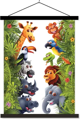 Produktbild von MuchoWow® Textilposter Dschungel - Tiere - Jungen - Mädchen - Giraffe - Elefant - Kinder 40x53 cm mit schwarzem Rahmen - Abbildung
