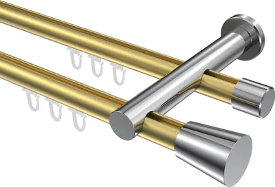 Produktbild von Interdeco Innenlaufstange / Gardinenstange mit Innenlauf Messing-Optik / Chrom, Typ Platon Sitra (Konus), 20 mm Ø 2-läufig, 280 cm
