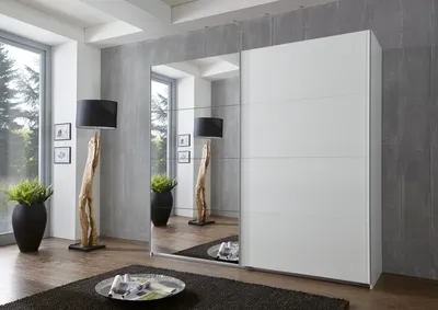 Produktbild von Kleiderschrank "Ernie" in WEISS mit 2 Türen und 2 Einlegeböden. Abmessungen (BxHxT) 225x210x65 cm