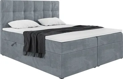 Produktbild von MEBLINI Boxspringbett mit Bettkasten - Gepolstert Doppelbett mit Matratze und Topper - Polsterbett mit Stauraum - Bett mit Kopfteil - Kai - 140x200 - H3/Grau Samt