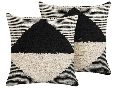 Zdjęcie produktu dla BELIANI Zestaw 2 poduszek beżowo-czarny bawełna 50 x 50 cm geometryczny wzór ręcznie wykonana zdejmowana poszewka wypełnienie