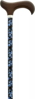Image de Canne réglable Garcia 1880 – Noire avec fleurs bleues – Réglable de 76 à 99 cm – Aluminium – Poignée Derby – Canne pour femmes et hommes