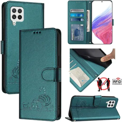 Produktbild von Leder Hülle für Samsung Galaxy A22 4G Süße Katze Flip Case Brieftasche Schutzhülle mit Standfunktion Grün