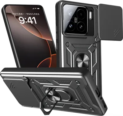 A black phone case with a ring holder and camera cover is shown from multiple angles, with a phone screen visible in one angle.