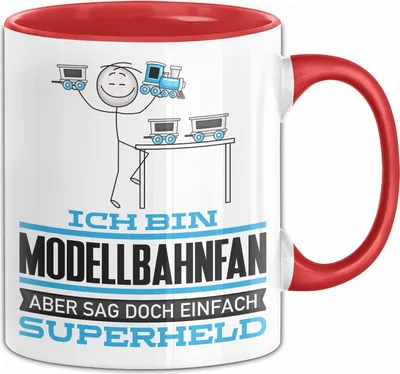 Produktbild von Modellbahnfan Geschenk Tasse Ich Bin Modellbahnfan Aber Sag Doch Einfach Superheld Lustige Geschenkdiee für Modellbahnfan Kaffee-Becher (Rot)