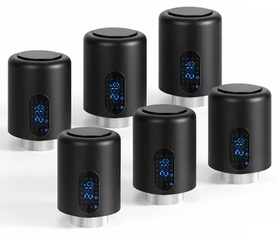 Obrázek produktu pro Vigevee Chytrý termostat pro radiátory, WiFi, ovládání přes aplikaci, kompatibilní s platformami Smart Life/Tuya, 7 adaptérů, černý, sada 6 kusů