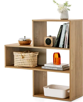 Produktbild von COSTWAY Bücherregal mit 3 Ebenen und Kippschutz, Standregal Raumteiler Regal Natur, konvex