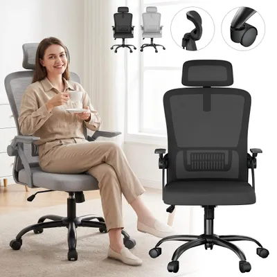 Zdjęcie produktu dla NAIZY, biurowe krzesło, kolor szary, krzesło biurkowe oszczędzające miejsce, składane podłokietniki (90°), ciche kółka, ergonomiczne krzesło do pracy w domu
