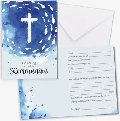 Produktbild von younikat 15 Stück Einladungskarten Kommunion I DIN A6 (10,5 x 14,8 cm) I zum Ausfüllen mit Lückentext I inkl. Umschlägen I Klappkarte Aquarell Blau Fische Kreuz I dv1559