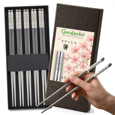 Obrázek produktu pro Gardenko Kovové hůlky na sushi 24 cm nerezová ocel 316L 5 párů v dárkovém balení elegantní opakovaně použitelné na ramen rýže gravírování ryby