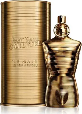 A gold-colored perfume bottle and its cylindrical packaging are displayed against a white background.