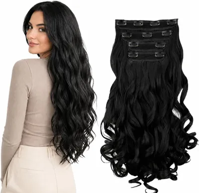 Imagen del producto de Extensiones clip-on onduladas, de 4 piezas, 280 gramos, hechas de fibras sintéticas resistentes al calor, para dar volumen al cabello