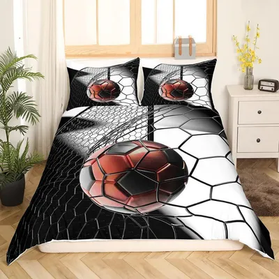 Obrázek produktu pro Sada povlečení 155x220 cm, potisk fotbalový motiv, mikrovlákno, bílá a černá barva, obsahuje 1 povlak na polštář 80x80 cm