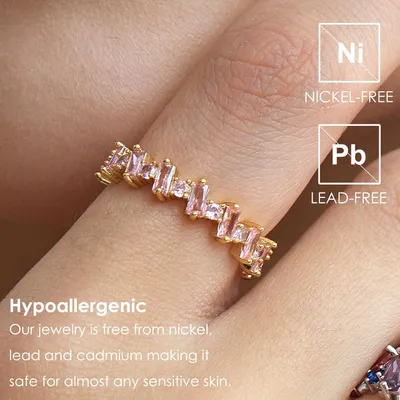 Image de Bague éternité, plaqué or 18 carats, baguette en zircone rose, bijou pour femme