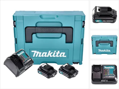 A collage of images showing a Makita tool case, batteries, and a charger.