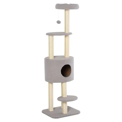 Image de PawHut Arbre à chats avec griffoir arbre à grimper pour chat avec niche et plate-formes peluche haute densité hauteur 148 cm gris