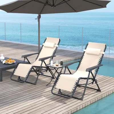 Produktbild von Gartenliege Set 3-teilig klappbar – Sonnenliege mit Teetisch, 2 Stühlen & Kopfkissen, aus Metall, für Garten & Terrasse, Beige