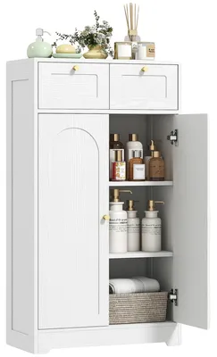 Image de Armoire de salle de bain étroite, 2 tiroirs, étagères ouvertes, BLANC
