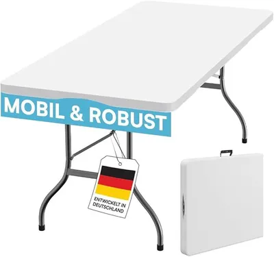 Produktbild von Zennar Gartentisch klappbar – Campingtisch wetterfest 180x74 cm – Buffettisch aus Kunststoff in weiß – Klapptisch für Garten, Terrasse & Balkon – Partytisch für 8 Personen mit Tragegriff