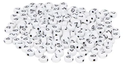 Productafbeelding van Kunststof kralen, rond, witte cijfers, 7 mm, diameter: 1,2 mm, 1200 stuks