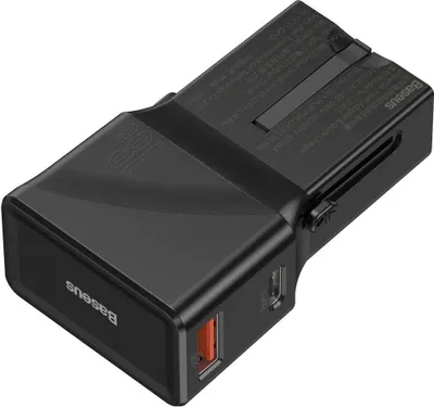 Image de Chargeur universel Baseus, QC 3.0, PD, USB + USB-C, 100-240 V, 18 W, EU, USA, UK, AU - noir