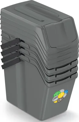 A stack of gray recycling bins.