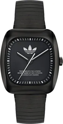 A black Adidas analog watch with a square face and a black strap, shown from the front.