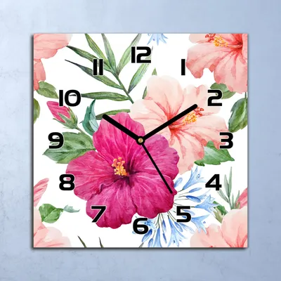 Produktbild von Wanduhr Echt-Glas-Küchenuhr Rosa Hibiskusblüten Quarz 30x30 Deko Bilder