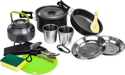 Produktbild von Camping Kochgeschirr für Outdoor Kochausrüstung multifunktional 10-teilig für 2 Personen Schwarz