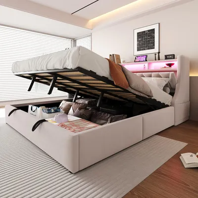 Immagine prodotto di Letto imbottito 180x200 cm, con illuminazione a LED, dotato di porta USB, con spazio contenitore e ripiani, color beige