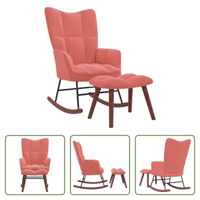 Image de The Living Store Chaise à bascule avec tabouret Velours rose