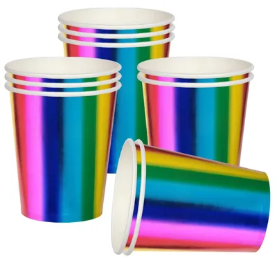 Productafbeelding van Papieren wegwerpbekers met holografisch regenboogeffect, 10 stuks, voor een verjaardagsfeest