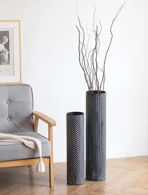 Produktbild von Ibenzoa® Bodenvase 2er-Set – große schwarze Metall-Bodenvasen 70 cm, 16 cm Öffnung, gewebte Struktur für Wohn- & Schlafzimmer