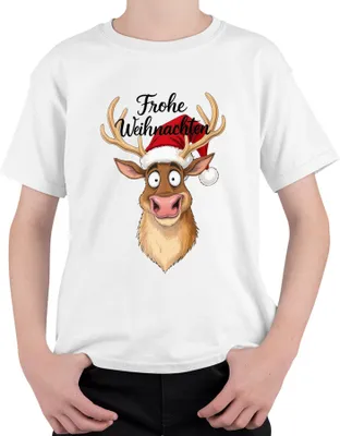 Produktbild von Frohe Weihnachten Lustiges Rentier Weihnachtsmütze Cartoon Humor Uni Kinder T-Shirt, Weiß, 152