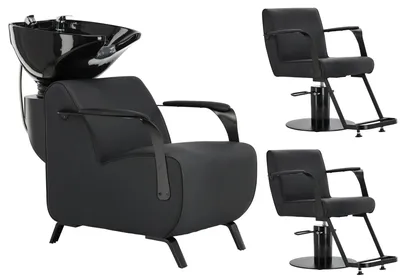 Obrázek produktu pro Inez Sada černá kadeřnická myčka a 2x kadeřnické křeslo hydraulické otočné do kadeřnického salonu myčka pohyblivá mísa keramická armatura baterie sluchátko