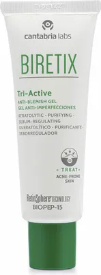 A white tube of BIRETIX Tri-Active Anti-Blemish Gel with a green cap against a white background.