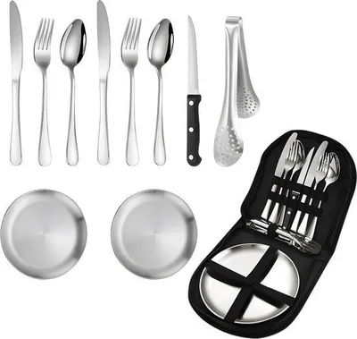 Produktbild von Unyqoos® Camping-Besteck-Set für 2 Personen – Edelstahl Reisebesteck mit Gabeln, Löffeln, Messern, Grillzange & Tellern, inkl. Tragetasche, 850 g