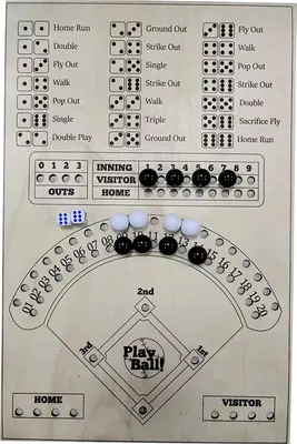 A wooden baseball board game with dice and game pieces.