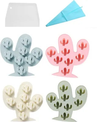 Produktbild von 4 Stück Kaktus-Formen Mit 8 Vertiefungen, Schokoladen-Gummi-Formen, Antihaft-Silikon-Backformen Für Die Herstellung Von Eiswürfeln, Gelee, Zum Formen Von Bonbons, Mit Spritzbeutel Und Schaber