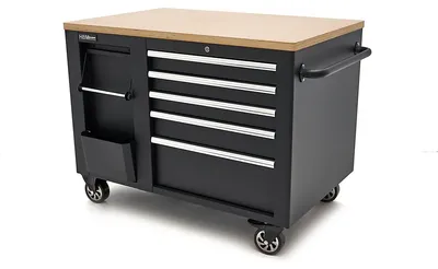Produktbild von HBM Werkstattwagen, Werkbank 114 cm mit Holzarbeitsplatte, schwarz