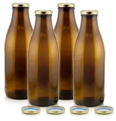 Milch Glasflaschen transparent im Set mit 4 Flaschen und Ersatzdeckeln gold