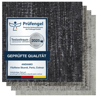 Filzfliese anthrazit gestreift mit Prüfengel-Siegel, Mustern in grau, hellgrau, beige-grau.