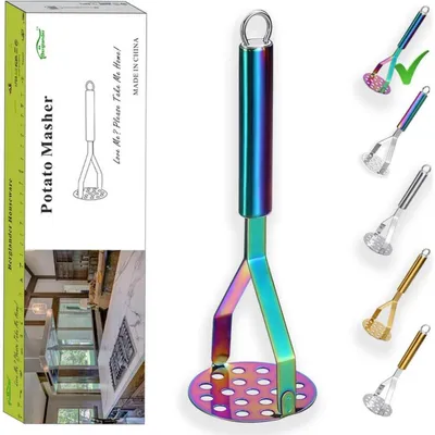 Immagine prodotto di Schiacciapatate in acciaio inossidabile, rivestimento in titanio color arcobaleno, manico ergonomico, lavabile in lavastoviglie