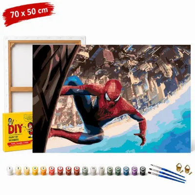 Produktbild von Malvorlage nach Zahlen mit Rahmen: „Spider-Man über der Stadt“ von Marvel, 70 x 50 cm