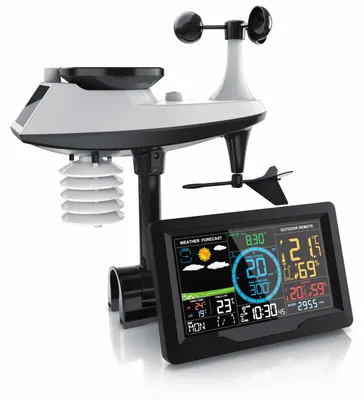 Produktbild von Brandson Funkwetterstation mit 5-in-1 Außensensor und Solarpanel, 7 Zoll Farbdisplay, DCF-Funkuhr, Windmesser, Regenmesser, Hygrometer, Barometer, Wetterwarnungen