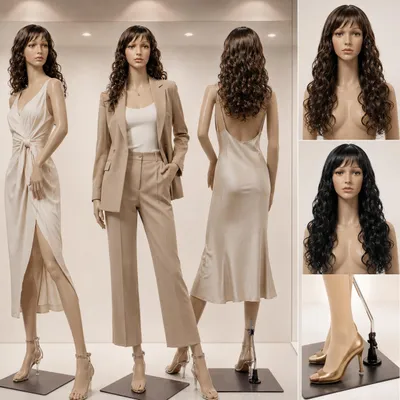 Productafbeelding van SF-4 Etalagepop voor dames, met 2 pruiken. Bewegelijk. Damespop in huidskleur, full-body etalagepop, levensgroot (175 cm) met voetstuk