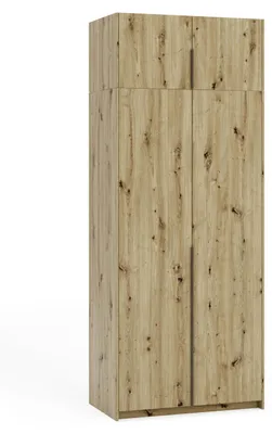 Produktbild von Garderobenschrank BENTON mit Aufsatz, Kleiderschrank 100 cm, Schlafzimmerschrank mit zusätzlichem Stauraum, Hoher Drehtürenschrank Eiche Artisan