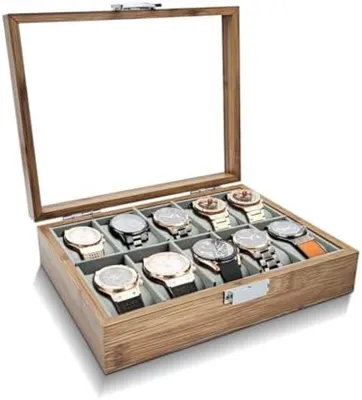 Productafbeelding van PromoHome® Houten horlogebox met 10 vakken en glazen deksel, 26 x 21 x 7 cm, bruin